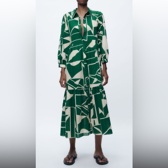 New! Zara small green combo geometric print front button ruffled hem dress. - Picture 3 of 14